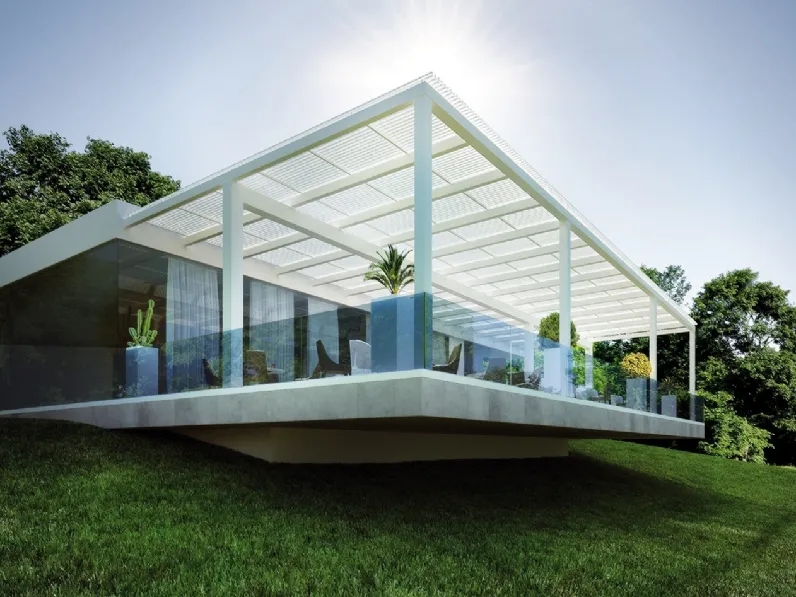 Pergola bioclimatica con copertura frangisole bioclimatica a lame longitudinali orientabili, installabile anche su strutture esistenti Longway Tettoia di Dirello