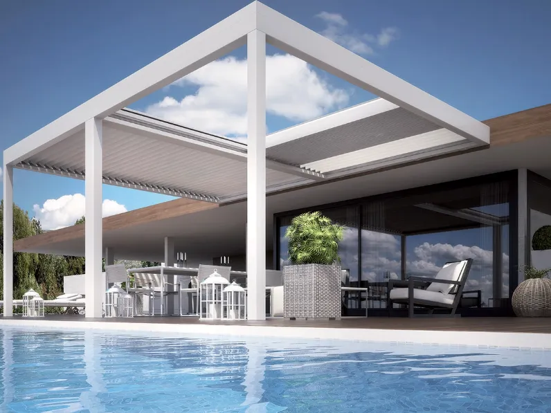 Pergola bioclimatica di nuova generazione con lame orientabili ed impacchettabili con movimenti autonomi che consentano il massimo comfort microclimatico e luminoso Orchestra Addossata di Dirello