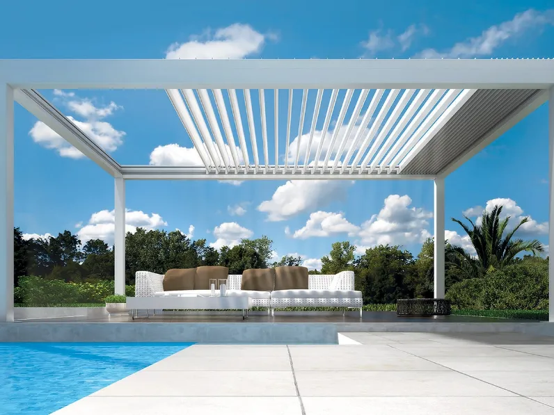 Pergola bioclimatica di nuova generazione con lame orientabili ed impacchettabili con movimenti autonomi Orchestra Autoportante di Dirello