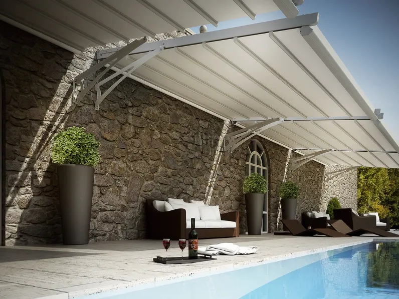 Pergola inclinata ancorabile a parete a ridosso di portoni e vetrate, è la soluzione funzionale per gli esterni che non consentono l’appoggio a pavimento Fly di Dirello