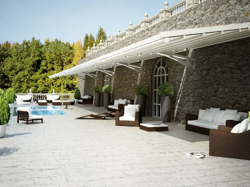 Pergola inclinata ancorabile a parete a ridosso di portoni e vetrate, è la soluzione funzionale per gli esterni che non consentono l’appoggio a pavimento Fly di Dirello