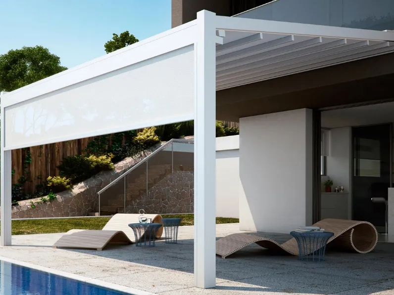 Pergola Fusion in alluminio con telo ad impacchettamento Tecnic e tenda verticale integrata di Pratic