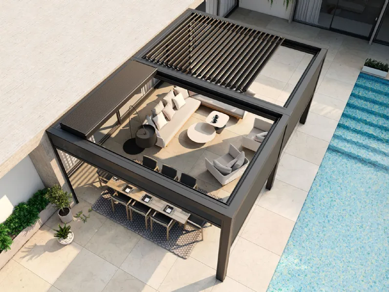 Pergola bioclimatica addossata a lame retrattili Kedry Skylife di Ke Outdoor