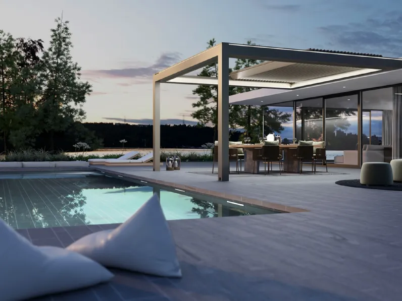 Pergola bioclimatica addossata a lame retrattili Kedry Skylife di Ke Outdoor