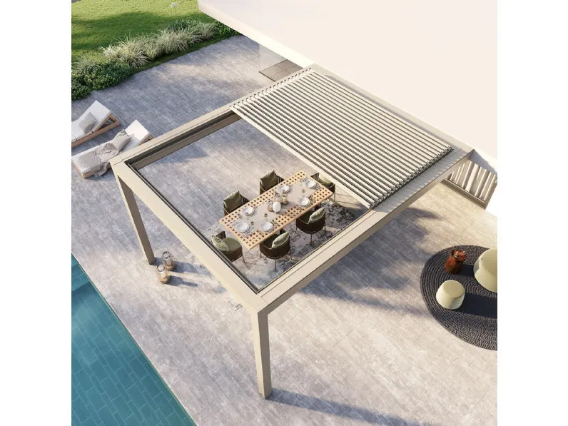 Pergola bioclimatica addossata a lame retrattili Kedry Skylife di Ke Outdoor