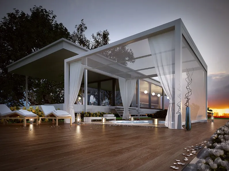 Pergola realizzata con telo teso ombreggiante che conferisce un delicato contrasto tra luce ed ombra e consente un piacevole riciclo d’aria Pashà di Dirello