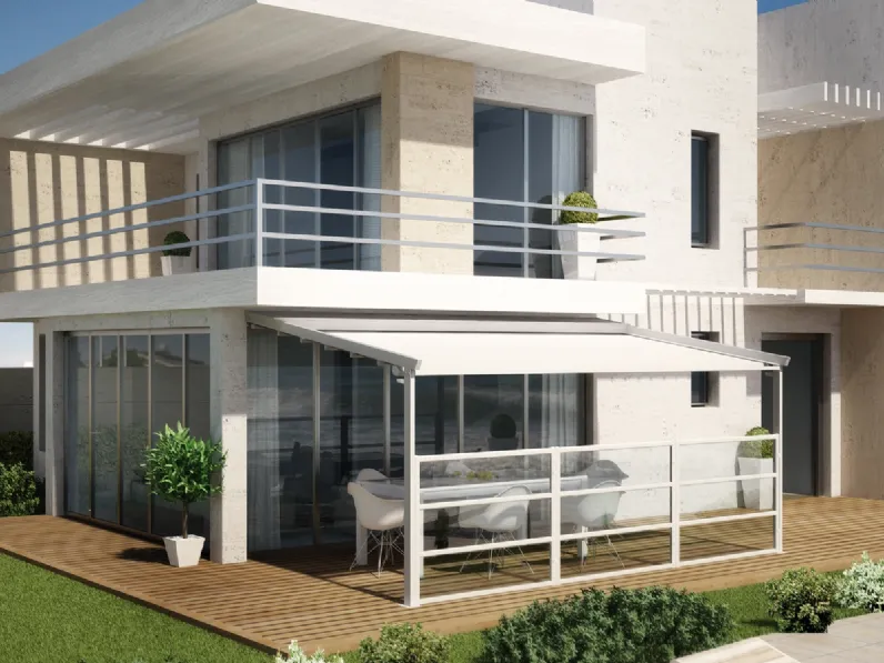 Pergola inclinata con copertura realizzata con telo scorrevole ed impacchettabile, compatibile con impianti domotici, Pergalpack di Dirello