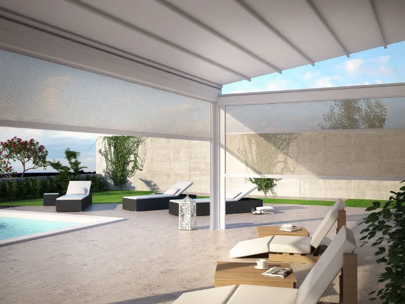 Pergola ombreggiante inclinata con copertura realizzata con telo scorrevole ed impacchettabile Quick di Dirello
