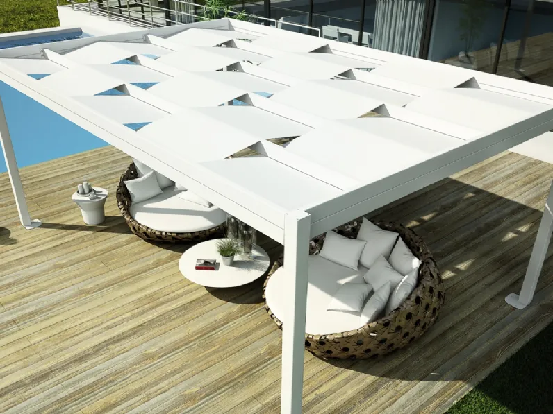 Pergola autoportante dotata di telo ombreggiante intersezionato Weave di Dirello