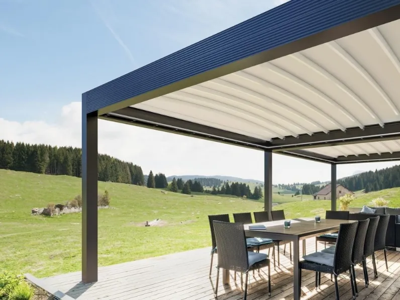 Pergola a 90 gradi con copertura impacchettabile Zenit di Gibus